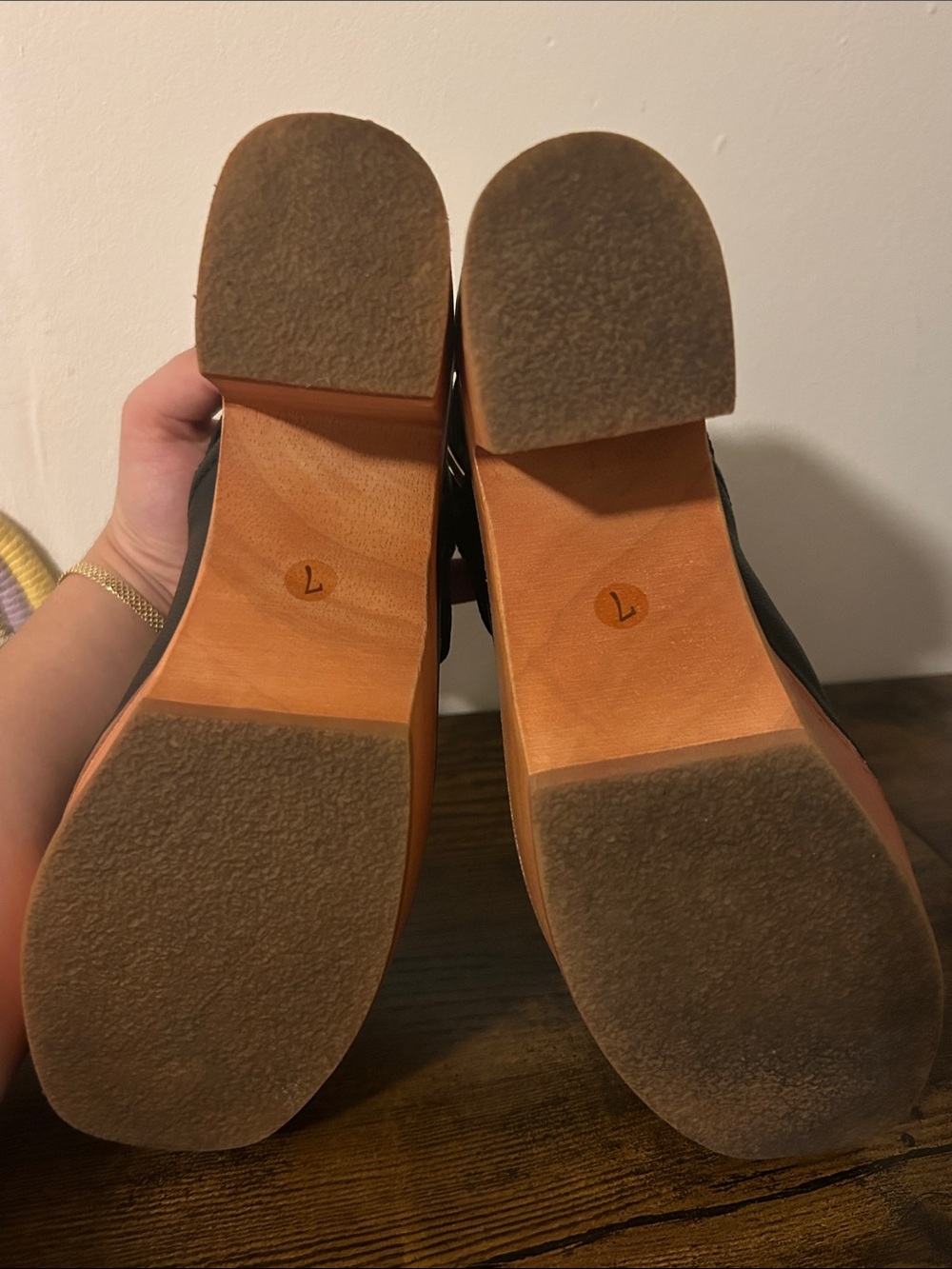 Charlotte Stone Black Leather Platform Clogs with Tan Wood-Look Sole - Picture 6 of 6